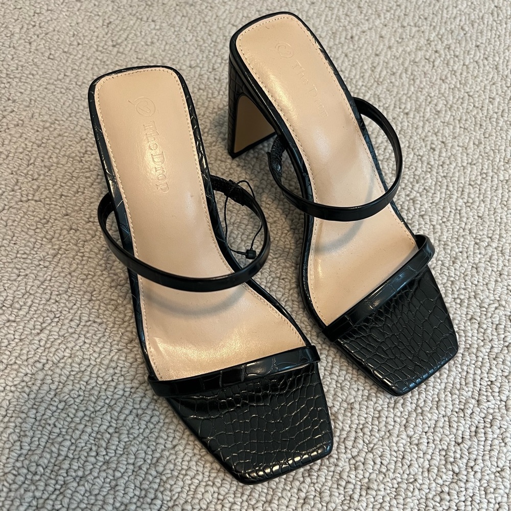 The Drop Crocodile Embossed Square Toe Heeled Sandals